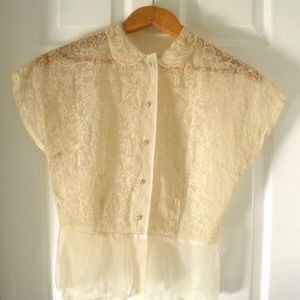 Women's Vintage Cream 50s Embroidered Sheer Top
